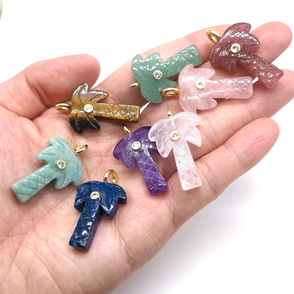 Natural Stone Crystal Reiki Pendulum Coconut Tree Shape with Zircon Charms Carved Gemstone for Diy Making Pendants Accessories