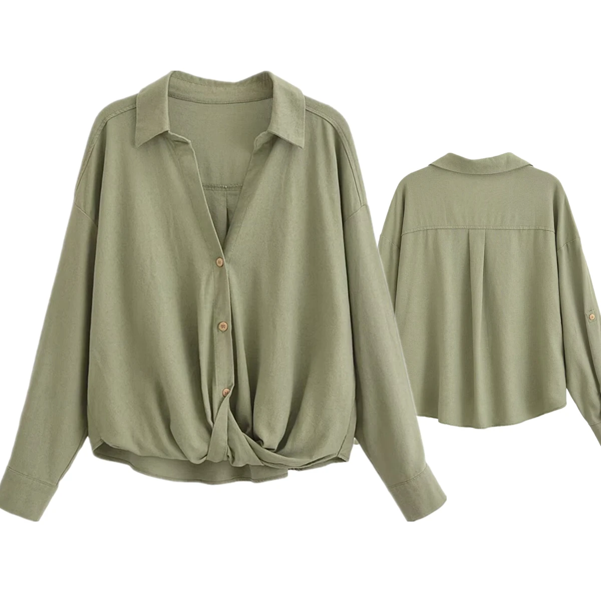 Withered French Minimalist Shirt Women Army Green Fashion Ladies Roll Up Sleeve Bow Casual Blouse Blusas Mujer De Moda 2024