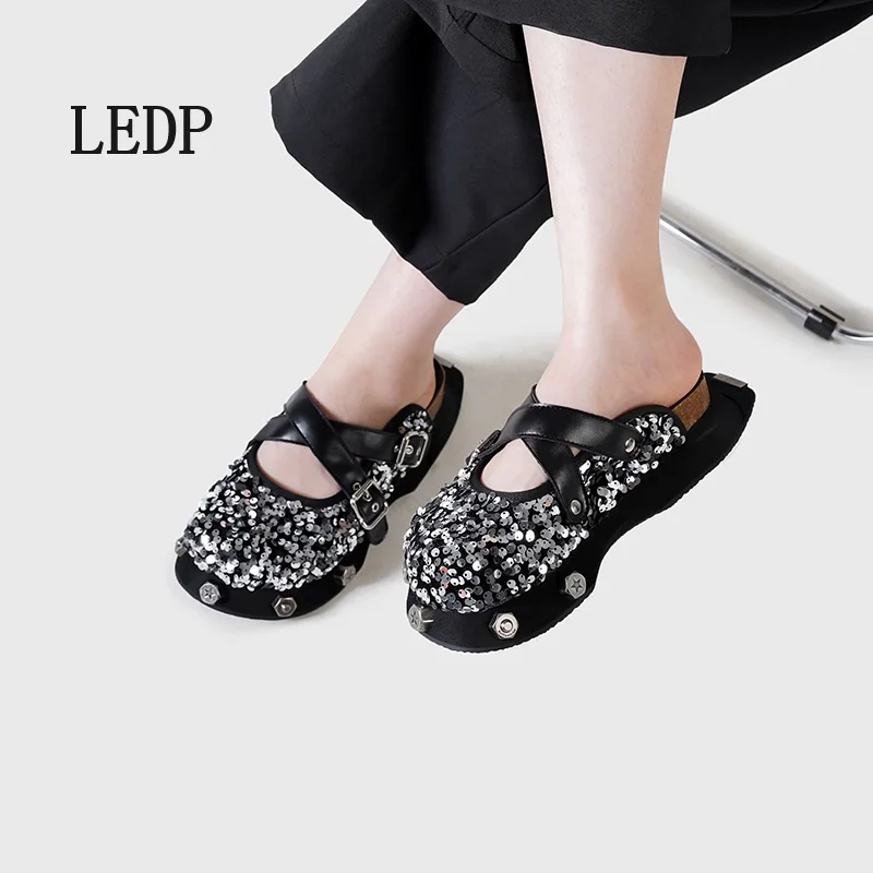 

LEDP Brand Women Mule Slippers 2024 New Trend Sequin Rivet Round Head Vintage Slippers A Slip-on Cross Strap Thick Bottom Pump