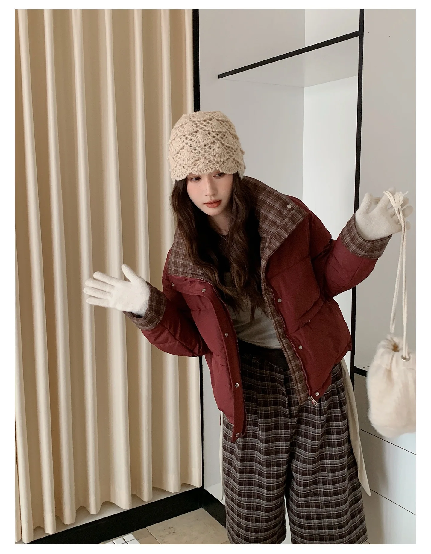 American Plaid Patchwork Puffer Jacket Women Winter Thick Stand Collar Short Parkas Woman Korean Casual Preppy Style Outerwear