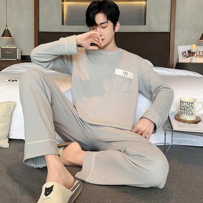 

Plus Size Men Pajamas Striped Long Sleeve Long Pants Crew Neck Soft Breathable Teen Student Loungewear Two-Piece Cartoon Letter
