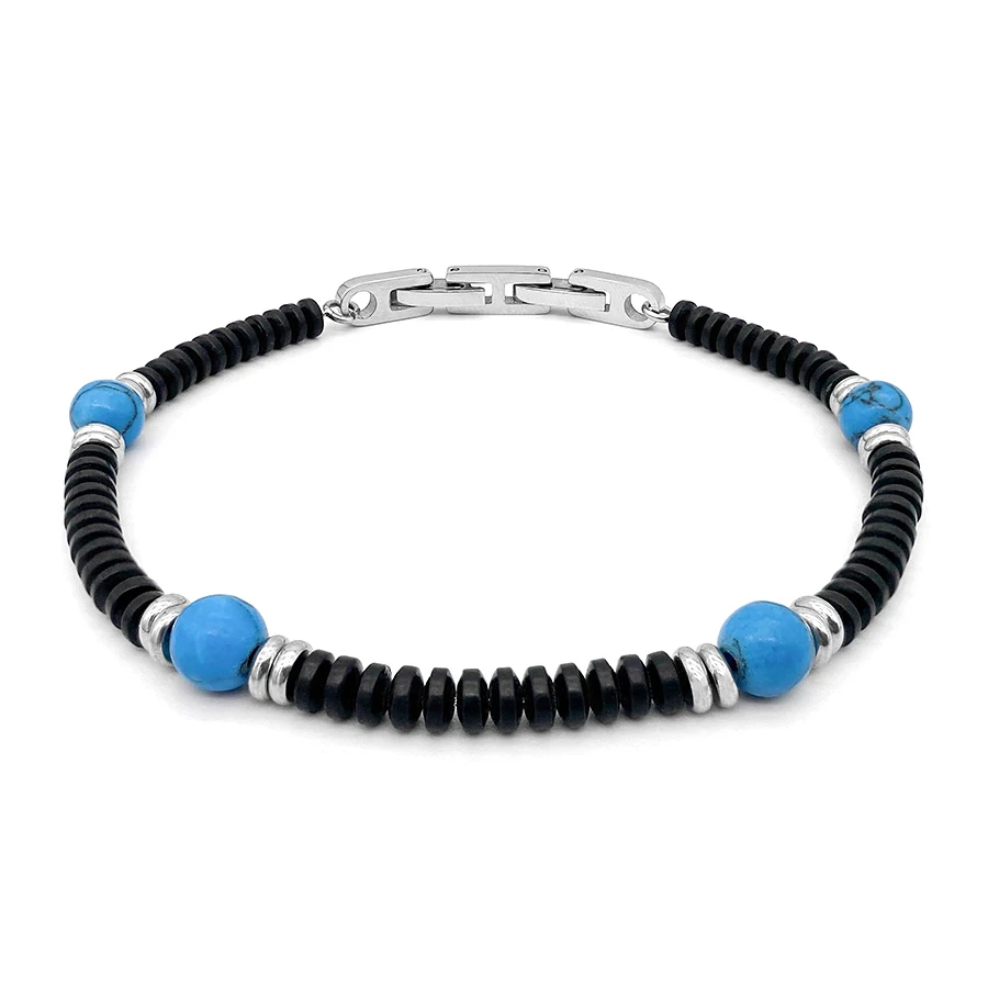 

Runda Men's Stainless Steel Bracelet Black Beads with Blue Natural Stone Adjustable Size 22cm Handmade Bead Bracelet for Men