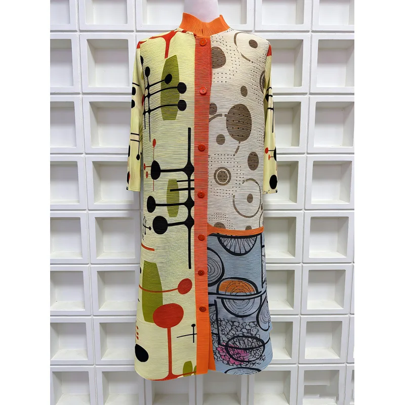 ミヤケ ニッチ ハイエンド ファッション コントラスト ラペル シングルブレスト プリント プリーツ ドレス レディース ルーズ ドレープ ロングスカート 2025 新作