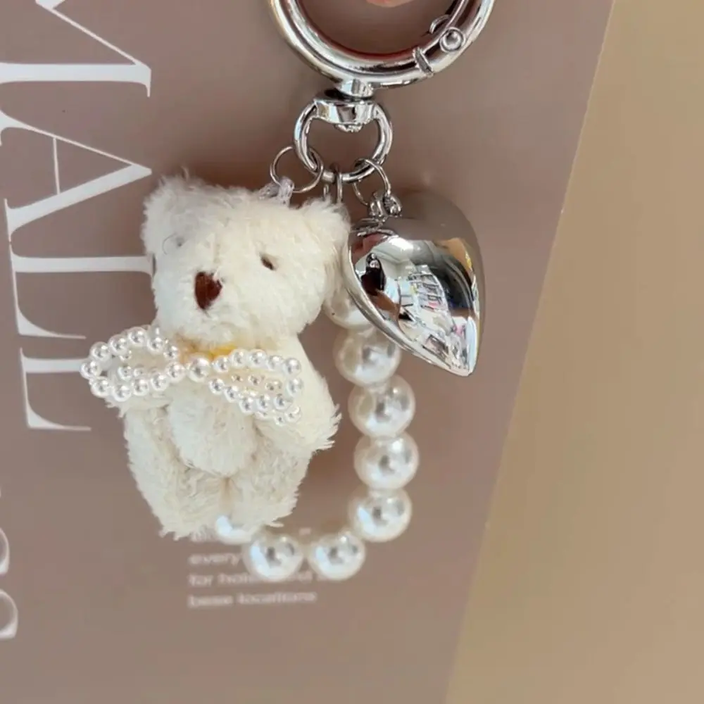 Kawaii Sweet Fluffy Plush Bear Keychain Bag Accessories Heart Keyring Pearl Bowknot Doll Pendant Handbag Pendant Gifts