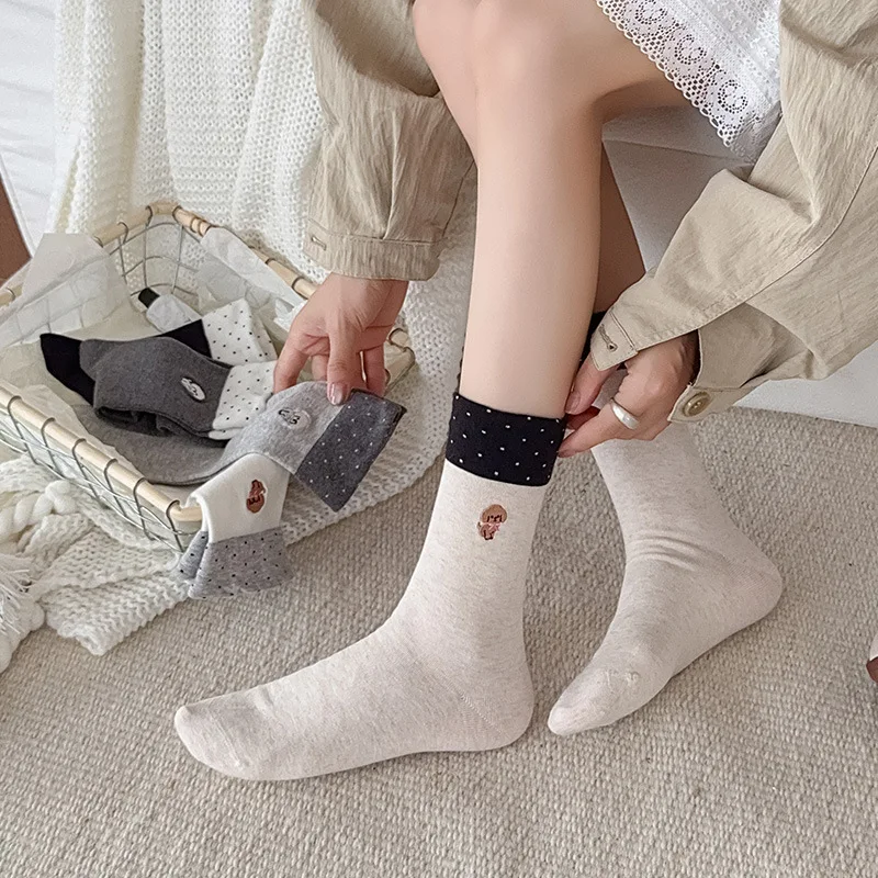 Polka Dot Women Socks Bow Puppy Embroidery Japanese Kawaii Cartoon Cute Socks Korean Color Matching Cotton Medium Tube Socks Sox