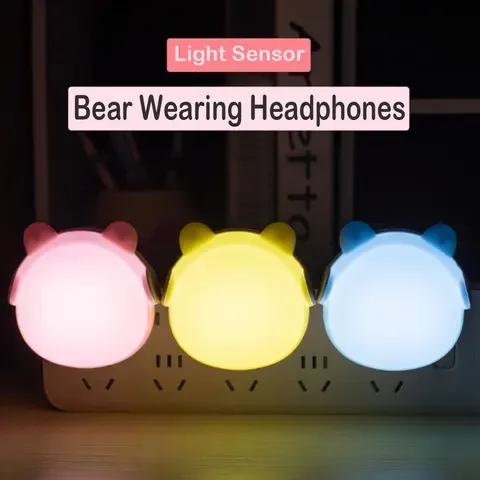 

LED Night Lights with Smart Lighting Sensor, Wall-mounted Nightlight for Kids Rooms, Cute Headphone, Bear Night Lamp, EU Plug in