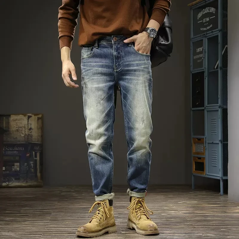 

Italian Style Fashion Men Jeans Retro Blue Elastic Slim Fit Ripped Jeans Men Vintage Trousers Casual Leisure Denim Pants Hombre