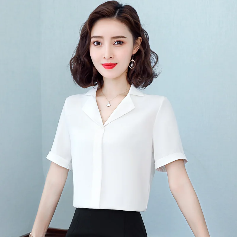 

New Korean Style Fashionable Versatile Short Sleeved Chiffon V-Neck Top For Women'S Summer Thin Style Professional Dress Shirt