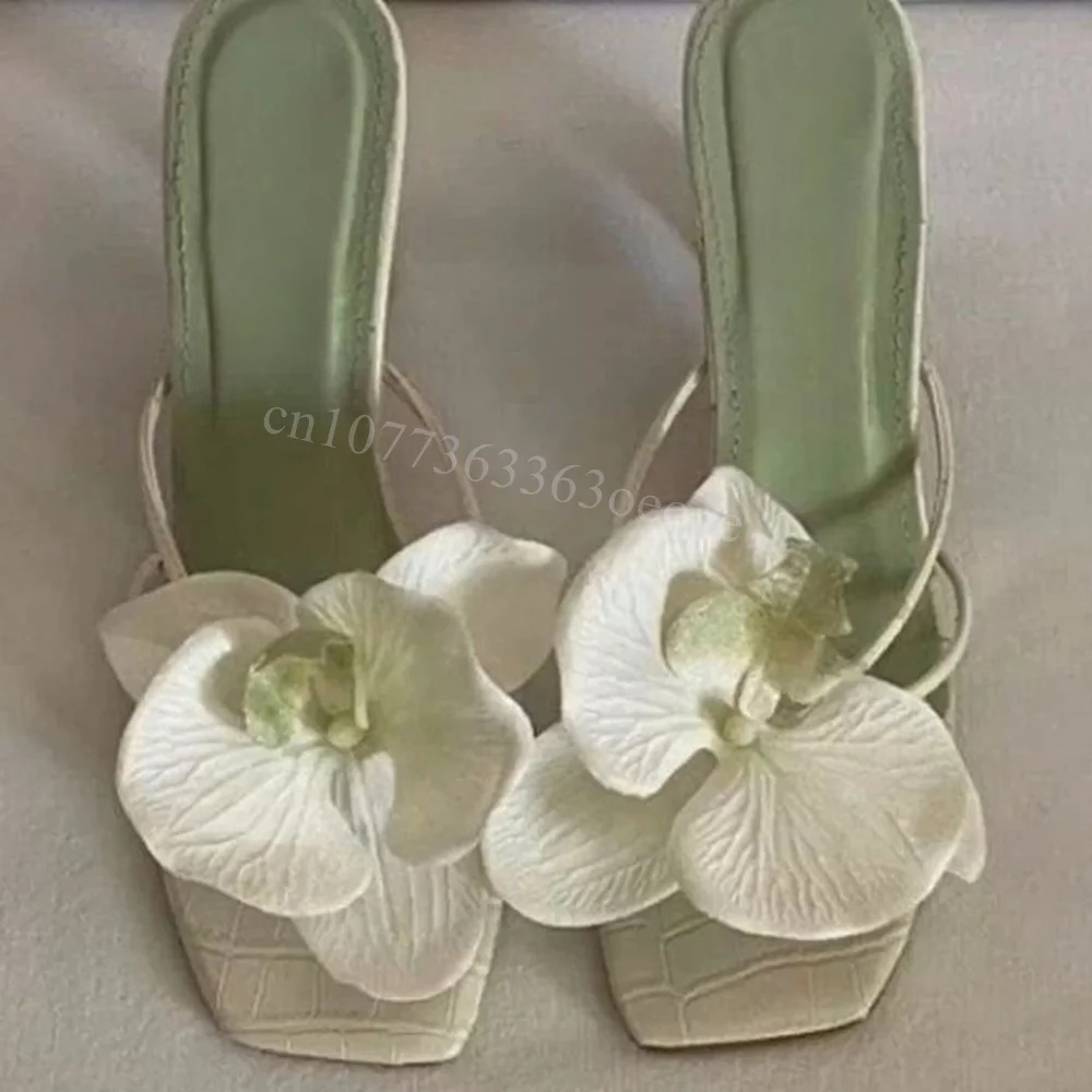 

Beautiful White Flower Decor Slippers Sexy Open Toe Shoes for Women Thin High Heels Fashionable Shoes 2024 Zapatos Para Mujere