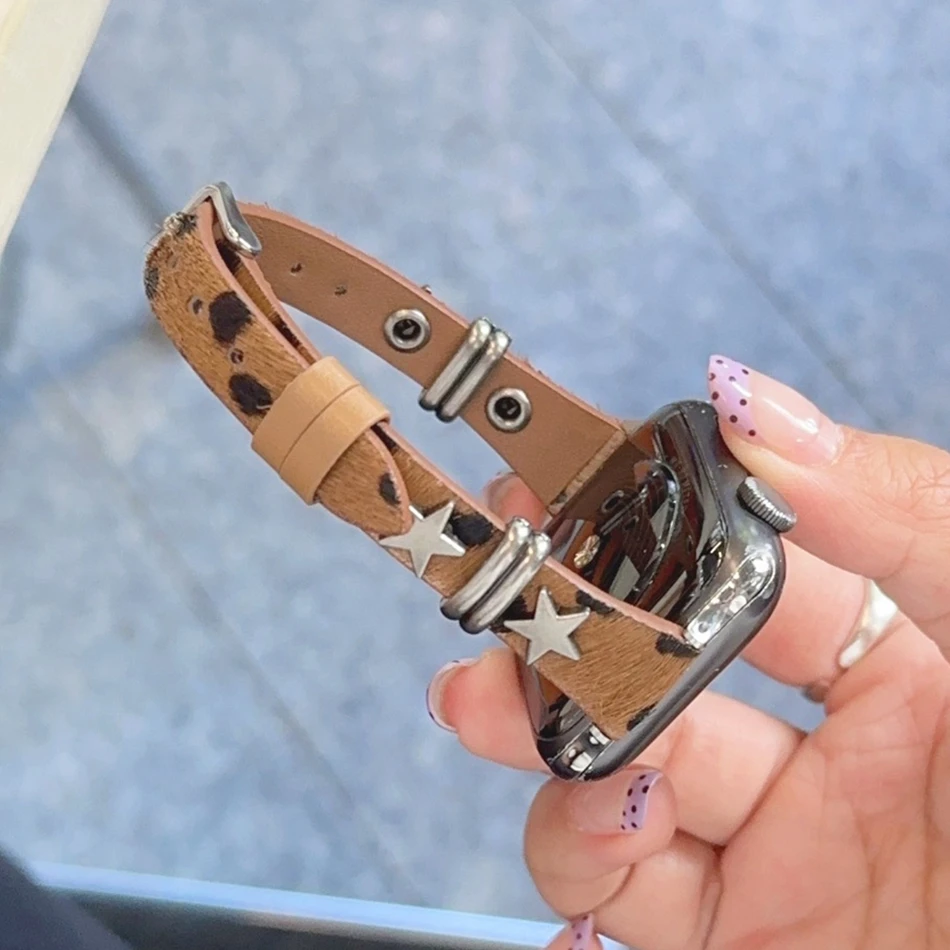 Star Rivet Leopard Horsehair Leather Bracelet For Apple Watch Band S11/10/9/8/7/6/5/Ultra iWatch Strap 49/46/45/44/42/41/40/38mm