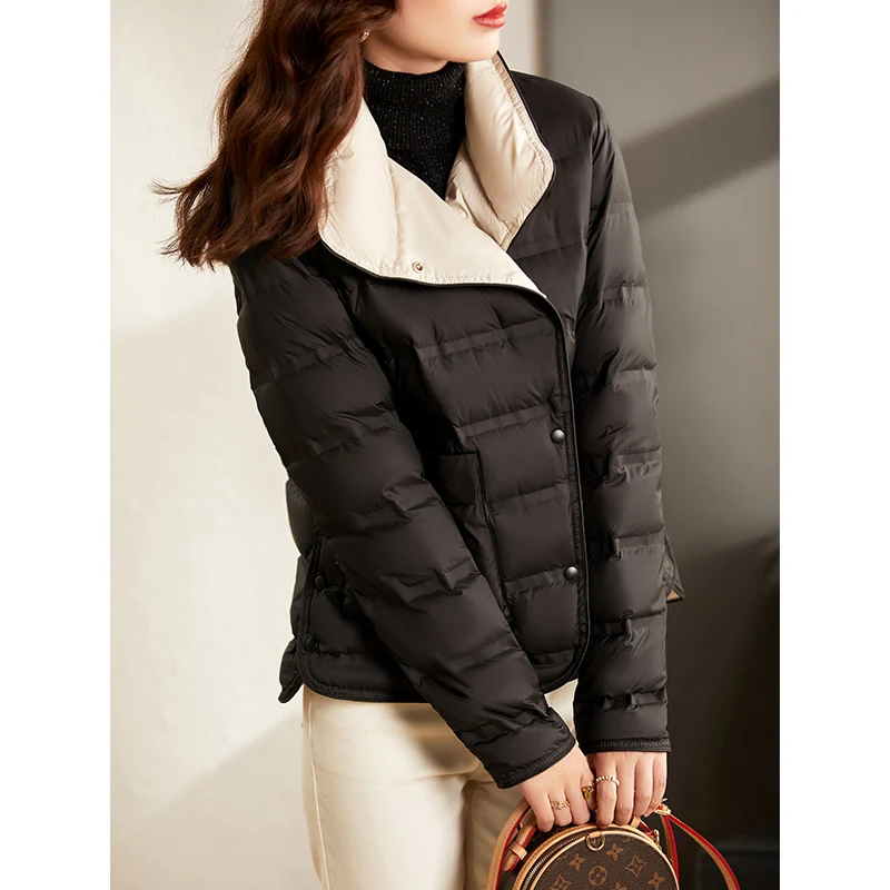 Vimly Short Puffer Down Coats Jacket for Women 2023 Spring Winter Lightweight Warm Loose Solid Stand Collar Side Slit Outwear