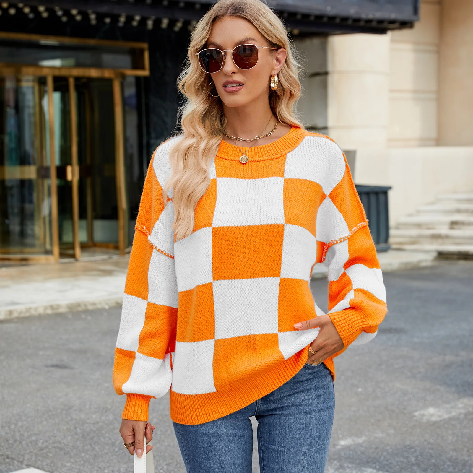 Autumn Pullover Sweaters Jumpers Round Neck Long-sleeved Top Loose Chic Casual Checked Color Matching Sweater Women Y2K