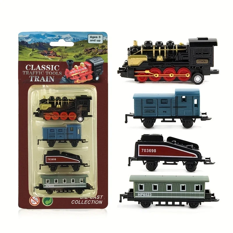 Mini Alloy Retro Steam Train Toy Kit Die-Cast Pull Back Simulation Steam Train Model Toys for 3-6 Years Old Kids Boys and Girls