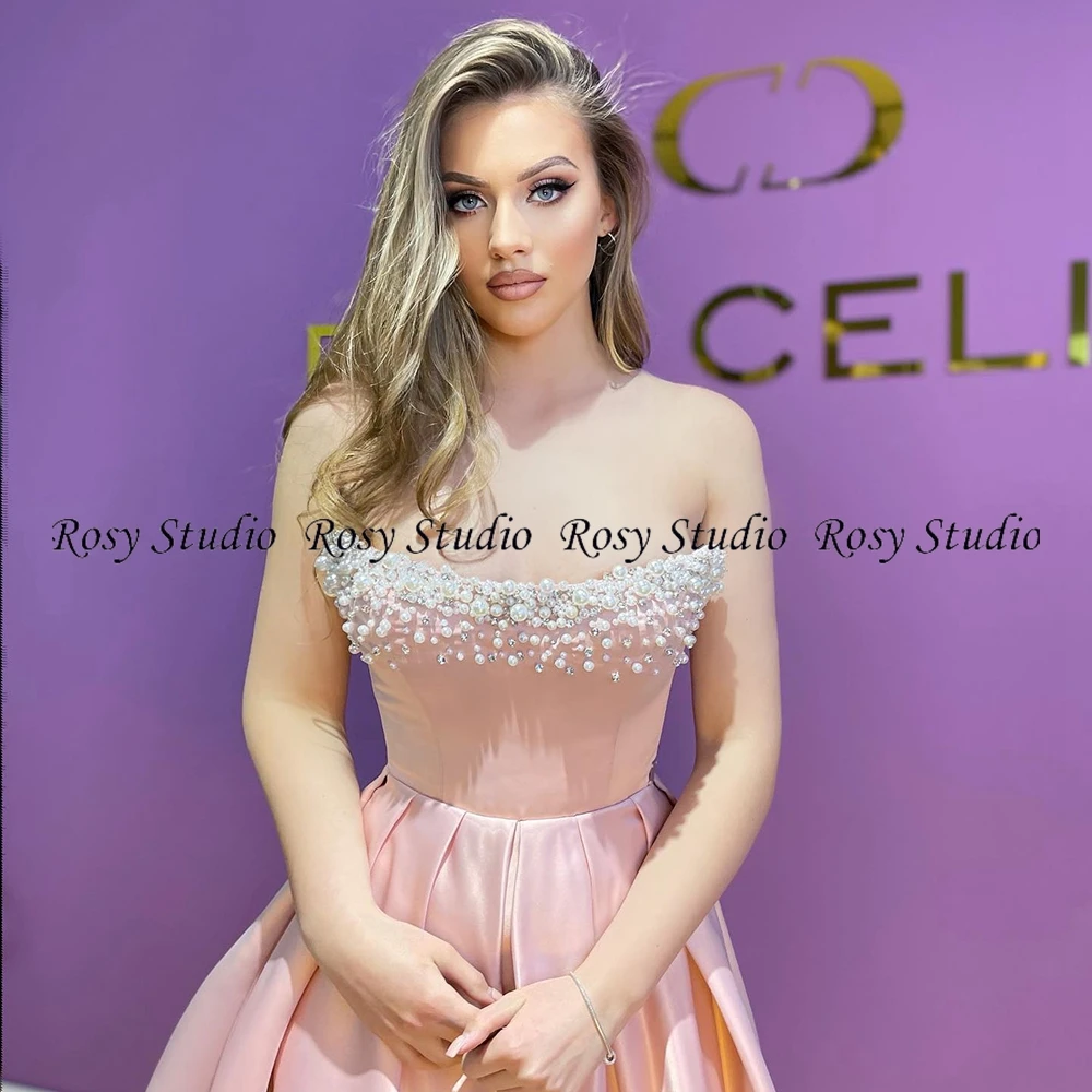 Robe de Cocktail de forme trapèze en Satin rose, tenue de luxe, sans bretelles, courte, sans manches, pour bal de promo