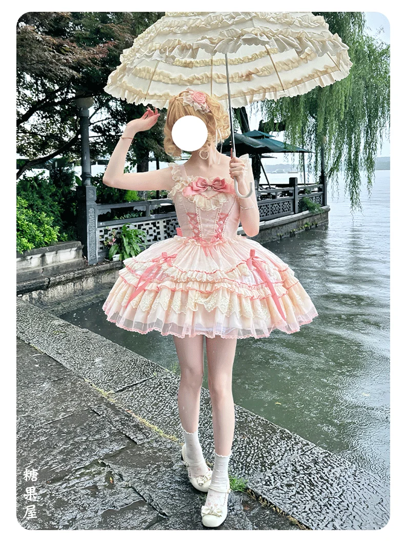 JSK – robe à bretelles rose Style princesse originale pour filles japonaises, jolie robe Lolita en dentelle avec nœud, Mini robe quotidienne sans manches pour femmes