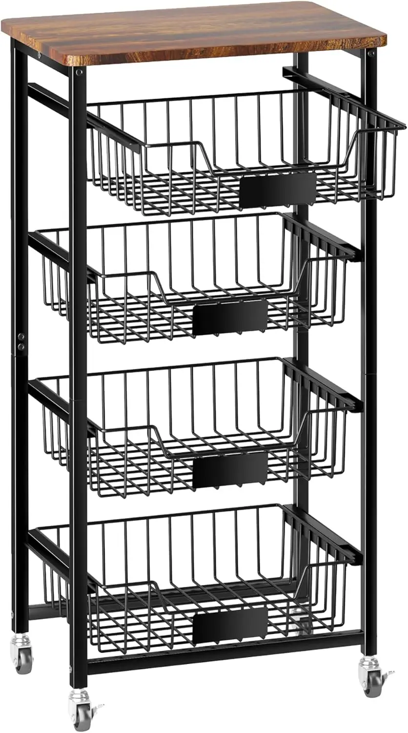 

5-Tier Rolling Kitchen Cart with Pull-Out Baskets and Wood Top for Fruit, Vegetable Storage
