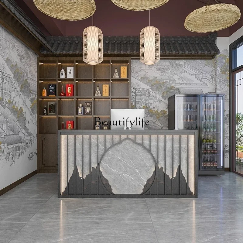 

yj19 Vintage New Chinese Style Light Luxury Restaurant Cashier Counter Company Lacquer Reception Bar Counter