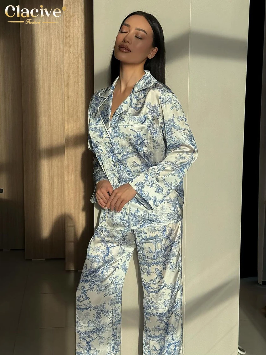 Clacive Fashion Loose Print 2 Piece Sets Women Outfit 2024 Elegant Long Sleeve Shirt With High Waist Wide Pants Set Homewear