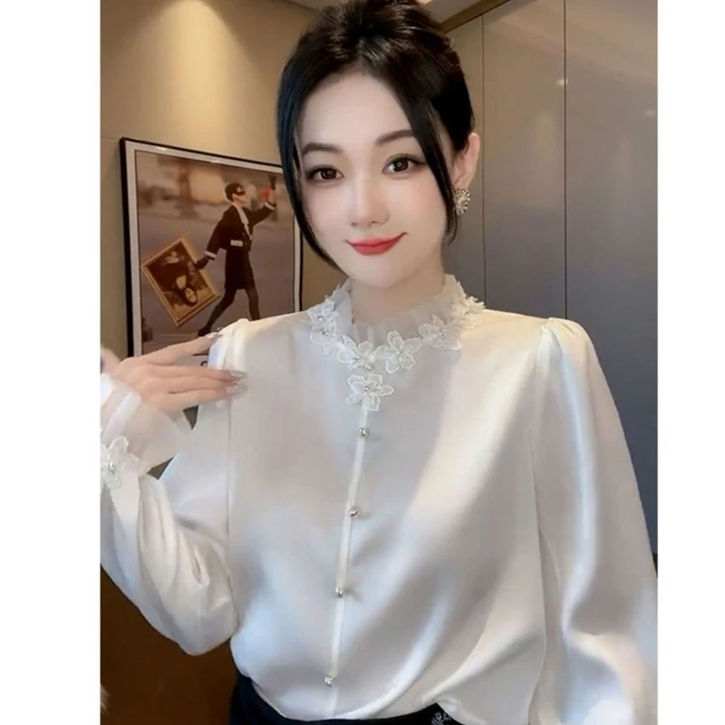 Fashion Stand Collar Spliced Gauze Beading Lace Blouses Women's Clothing 2025 Spring New Loose Chic Tops Butterfly Sleeve Shirts