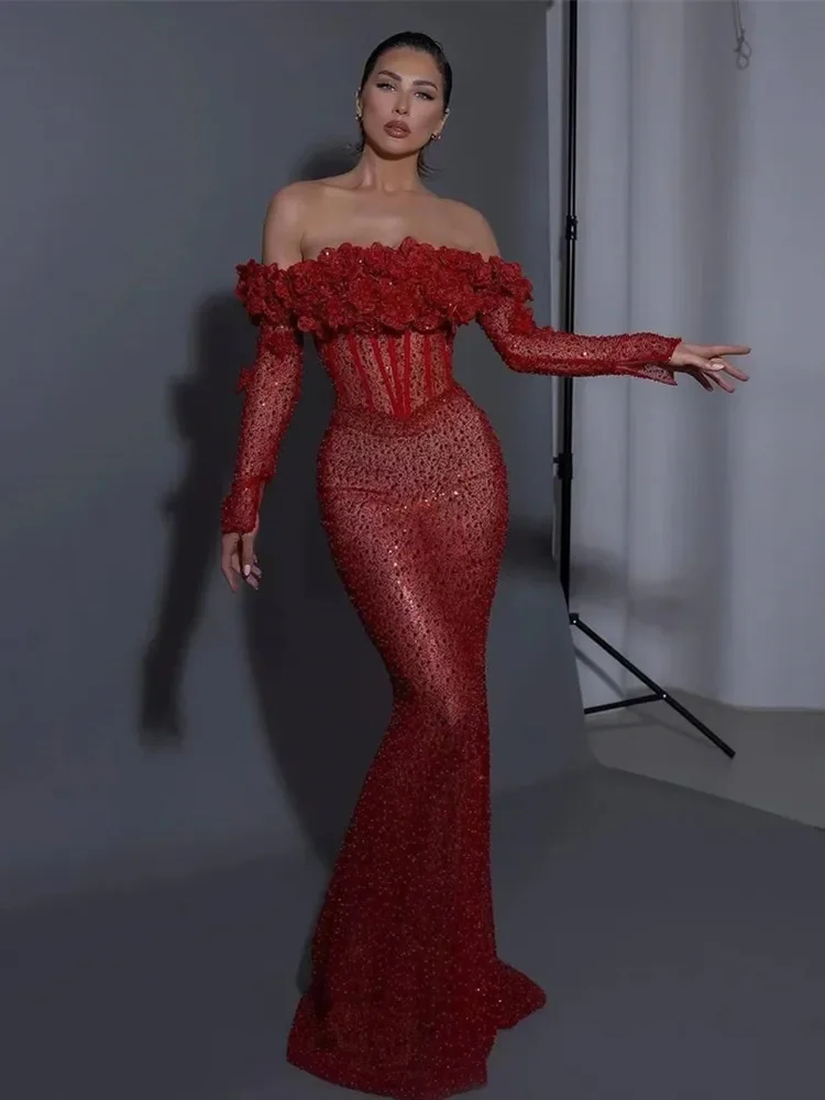 Women Luxury Red Sequines Bright Evening Dress Elegant Long Sleeve Off Shoulder Appliques Bodycon Maxi Long Celebrity Party Gown