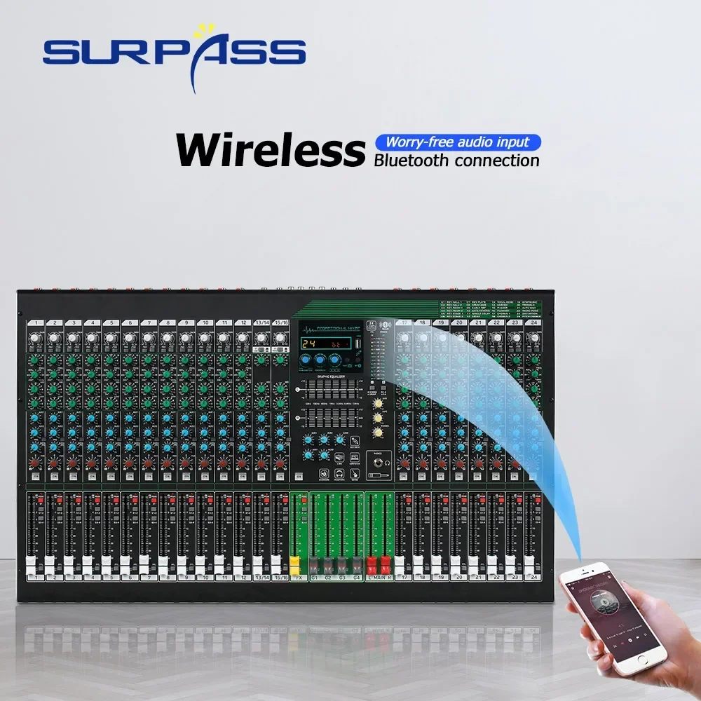 24 Channel Audio Mixing Console 48V Phantom Power Built-in USB Play Bluetooth 5.0 Receive Playback Professional Mixer DJ Stage