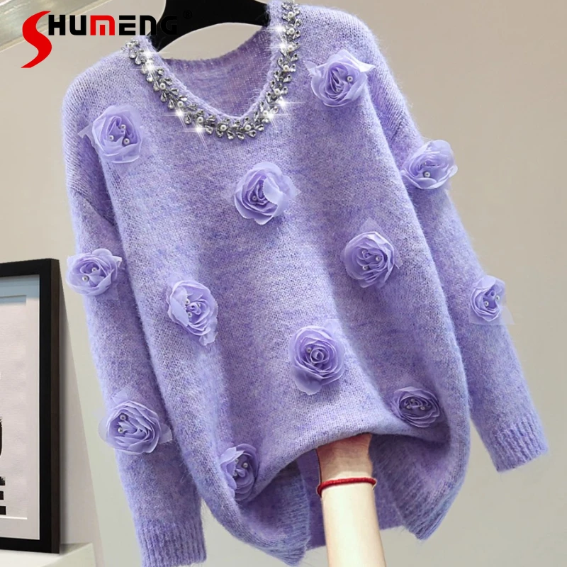

Fashion Floral V-Neck Long Sleeve Pullover Knitted Tops Women 2025 Winter New Loose Comfort Beaded Rhinestone Trendy Sweaters