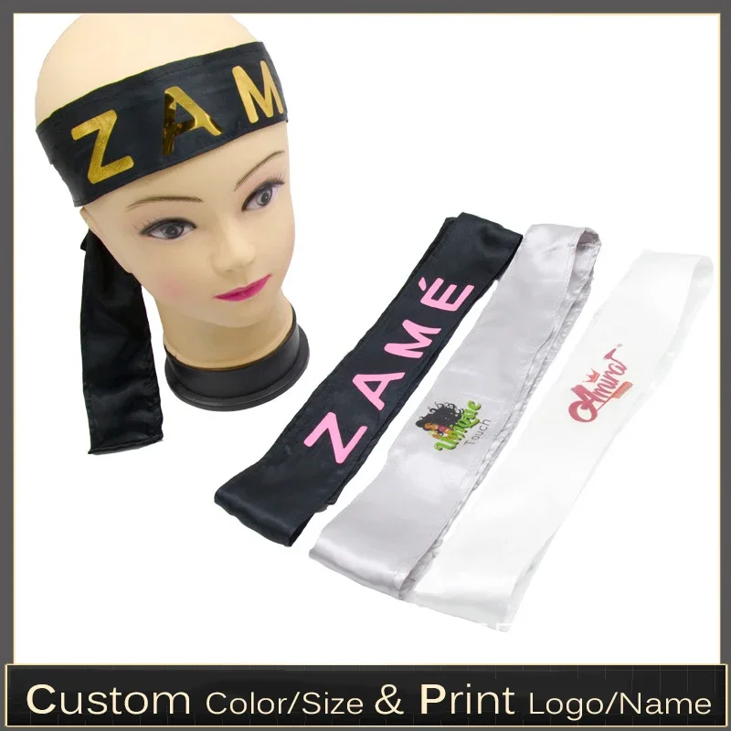 Custom Logo Rose Black Silk Satin Headband Wig Wrap Grip Band for Hair Satin Edge Laying Scarf Wrap