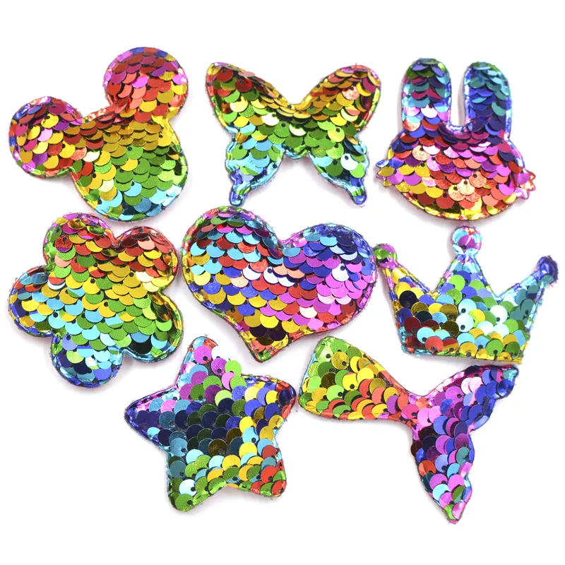 Glitter Rainbow Sequin Pads Mouse/Butterfly/Crown/Star/Heart/Flower/Mermaid Tail/Rabbit Appliques for DIY Craft Hair Clip Decor