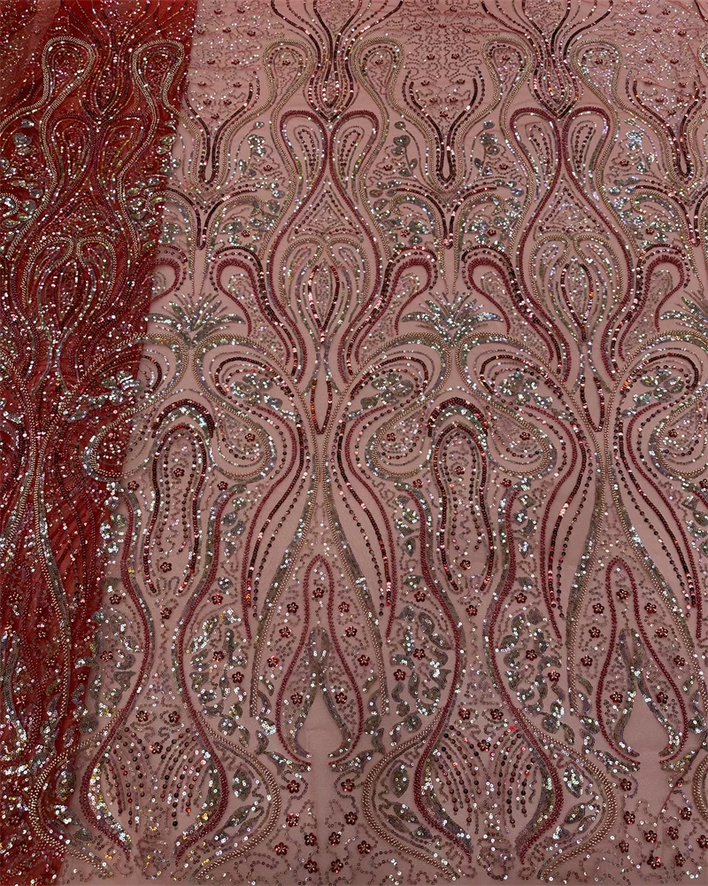 Madison-Red Sequin Beaded Embroidery Lace Fabric, Elegant French Net Lace Fabric with Beads, Nigerian Sequins Lace Fabrics