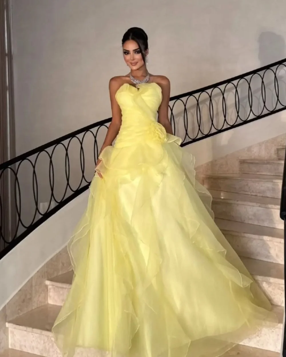 

Customized Fashion Exquisite Organza Handmade Flower Pleat Ruched A-line Strapless Long Dresses Bespoke Occasion Dresses Elegant