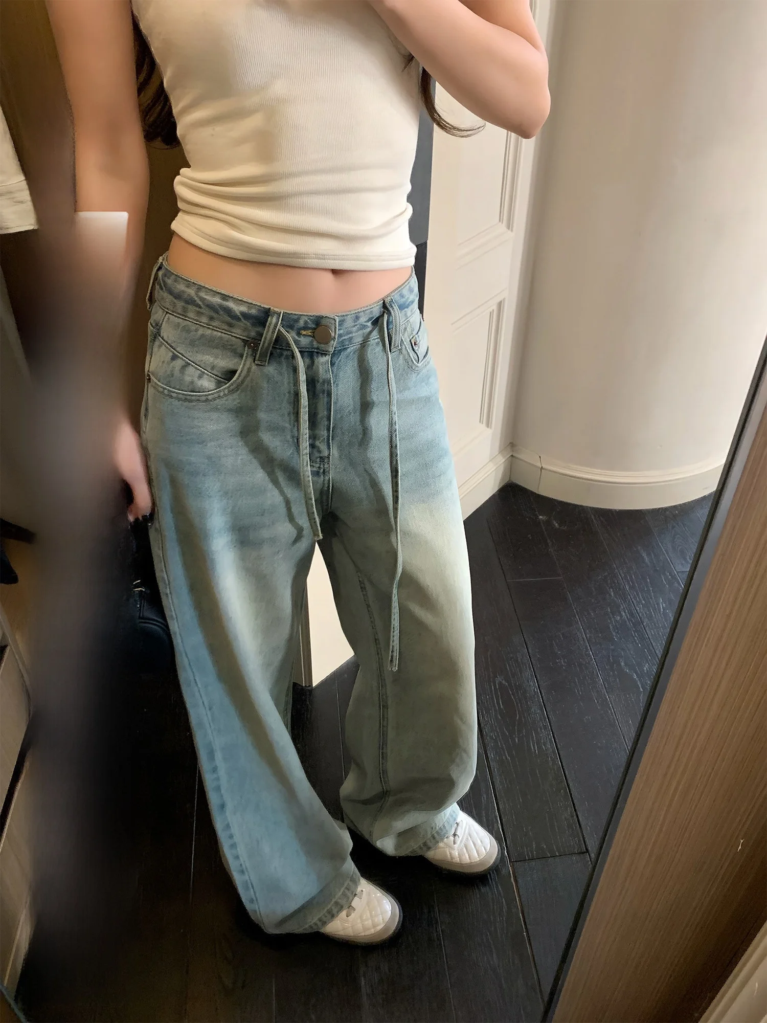 

Винтажные джинсовые брюки Hhi с высокой талией и завязками, женские, весенние, в корейском стиле, широкие, струящиеся, из смесовой хлопковой ткани