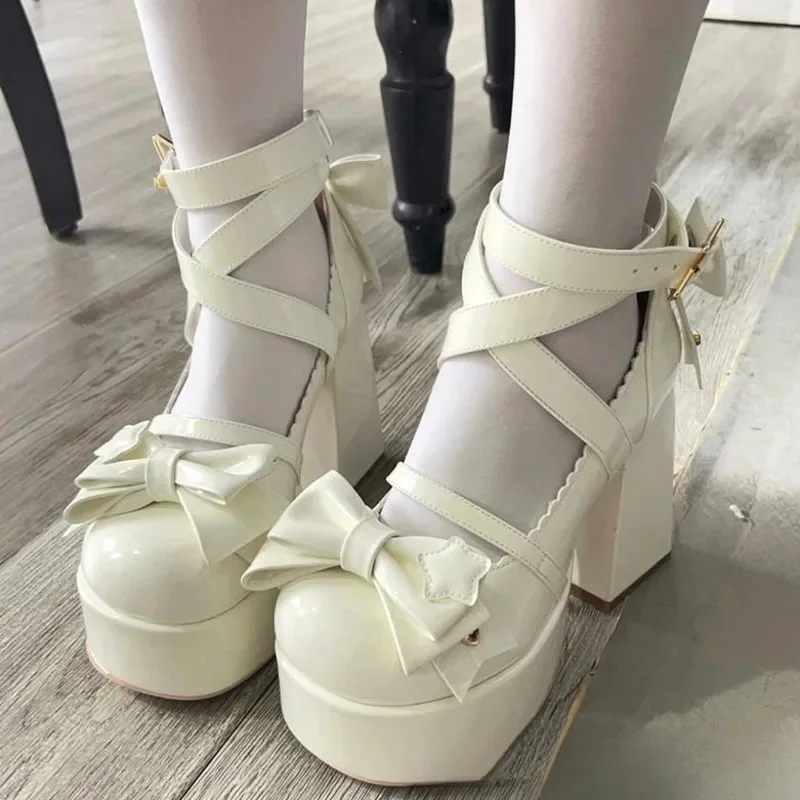 Boog Y2K Lolita Ster Liefde Schoenen JK Little Rose Schoenen Leren Schoenen Rokken Prinses Leuke Ronde Kop Hoge Hakken Hot Girl Schoenen Nieuw