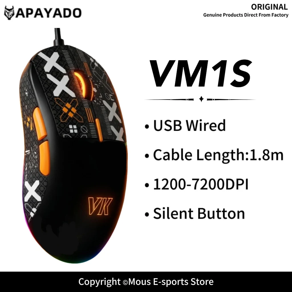 VM1S USB Gaming Mouse Lightweight 1200-7200DPI Quiet Button Rainbow RGB Backlit Ergonomic Symmetrical Gamer Mouse with Sticker