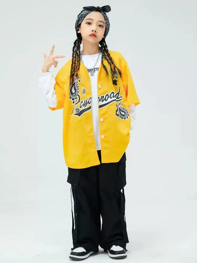 Hip hop streetwear meninas jazz dança traje camisa amarela solta calças de carga kpop outfit meninos dança rua prática wear ys4569