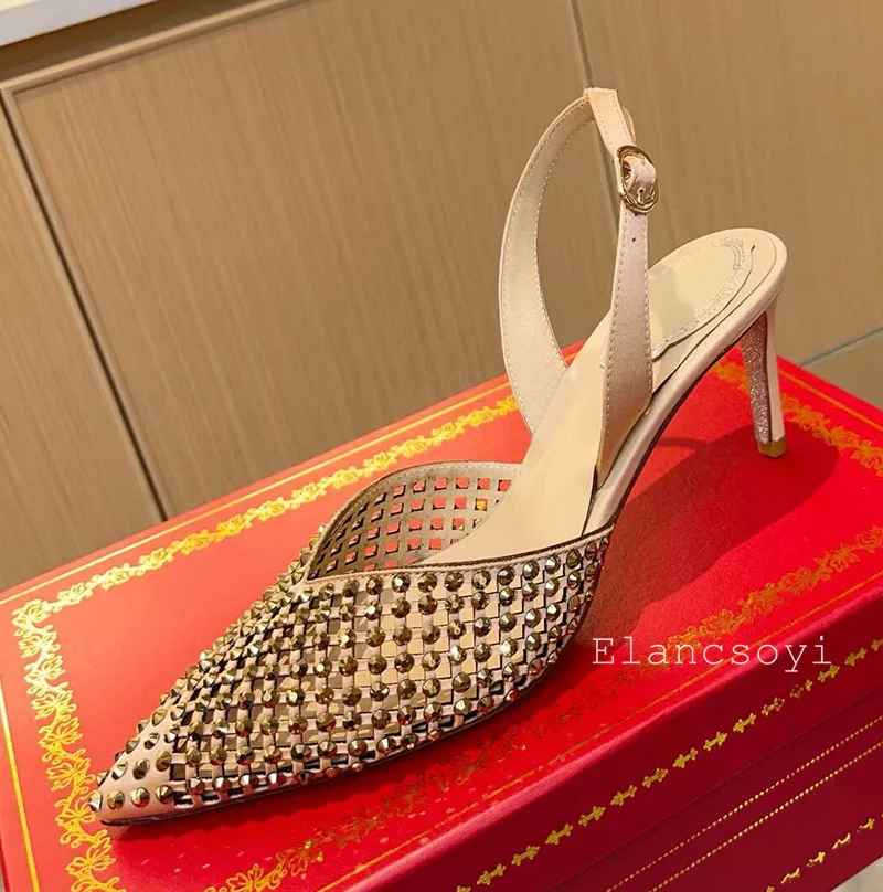 Summer Pointed Toe Thin High Heels Sandals Women's Shiny Rhinestone Hallow Outs Back Strap Sandalias Fashion Party Dress Shoes