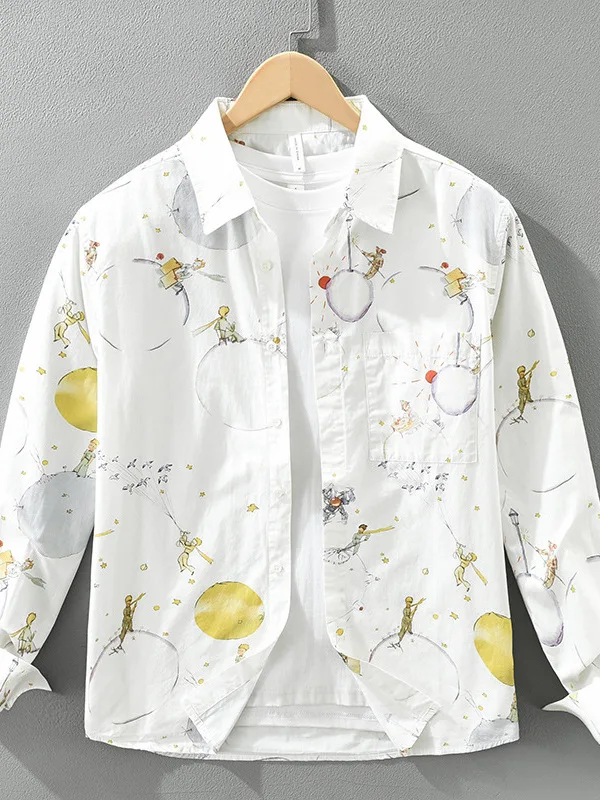 Cartoon Print Long Sleeve Casual Shirt Men's Autumn New Style Japanese Style Design Cotton Loose Fit Fashion Outerwear