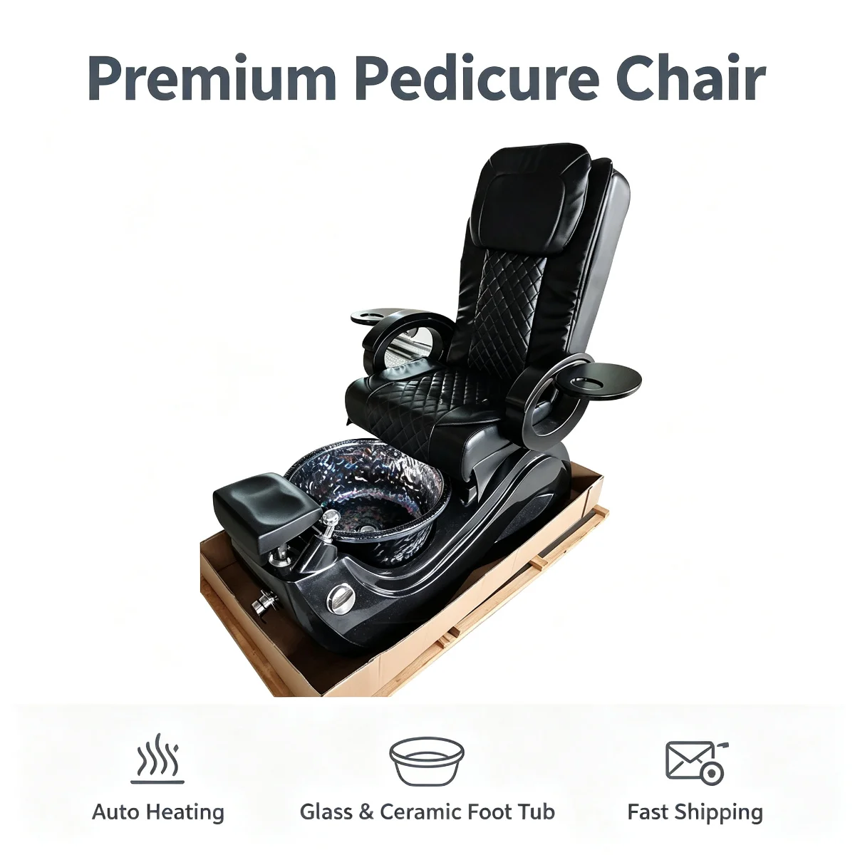All Black Electric Pedicure Chair Curved Base Heated Foot Spa Massage Salon Chair