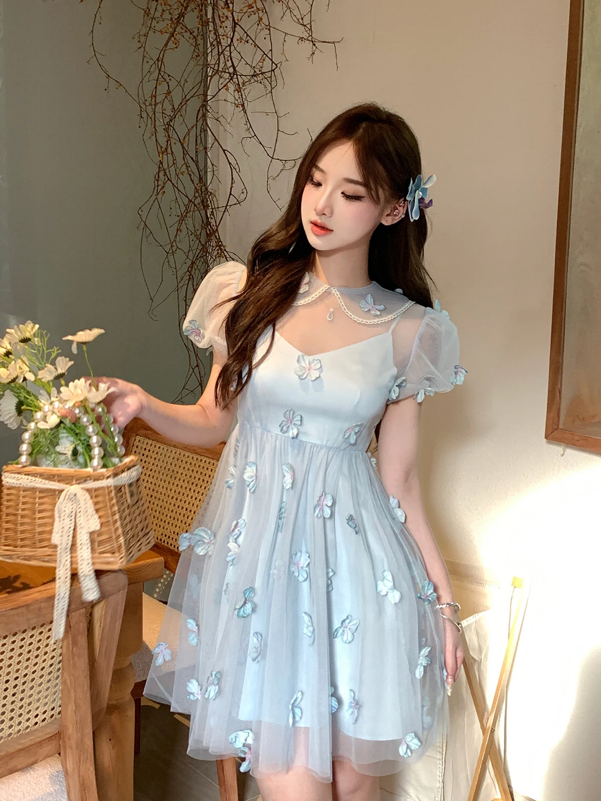 

Pure Desire Heavy Work 3D Flower Doll Collar ort Dr Girls Sle High Waist Bubble Sve Summer Dr for Ladies