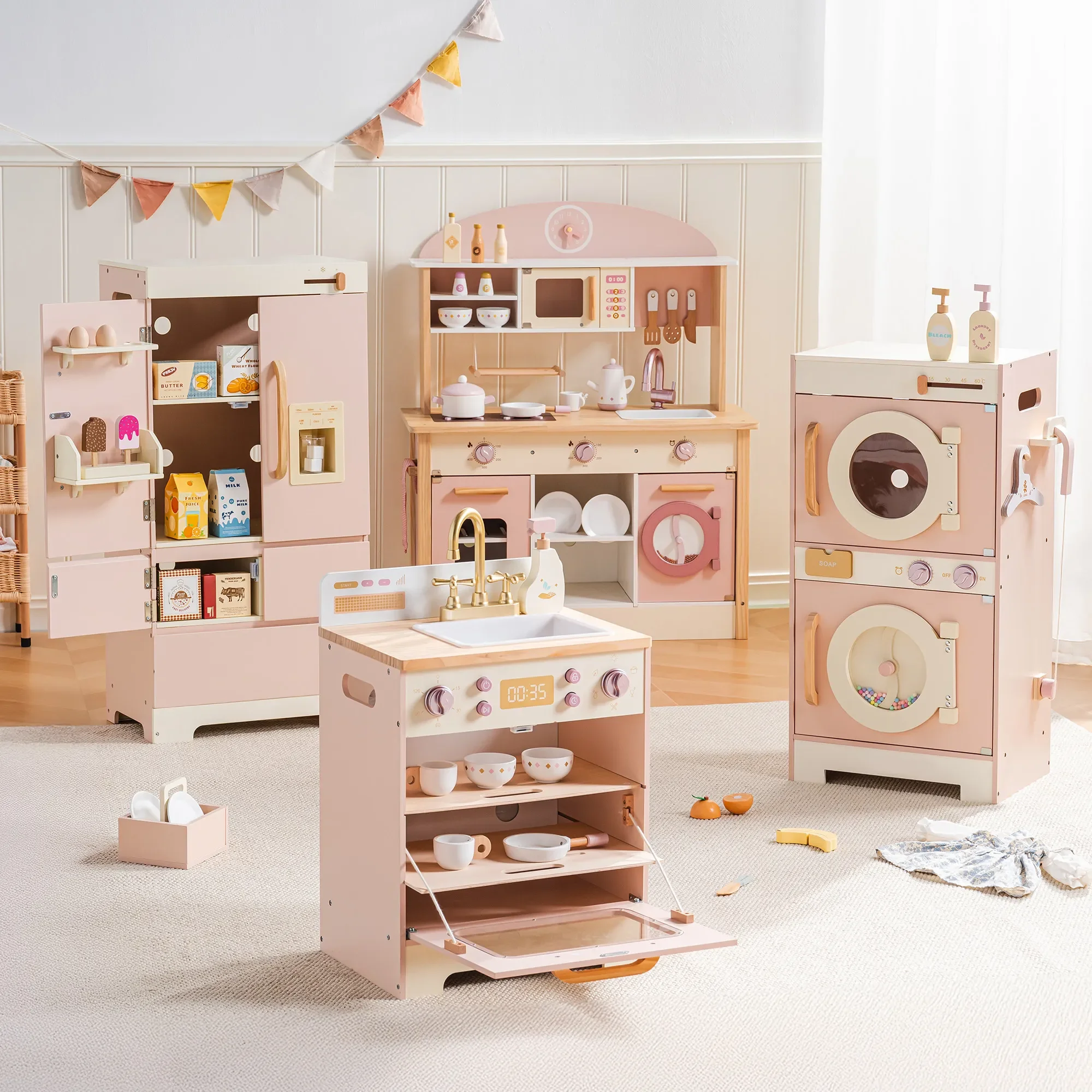Robotime Robud Juego de cocina de esquina para niños Juego de cocina de madera con sonido realista Juego de simulación Regalo para niños y niñas Rosa