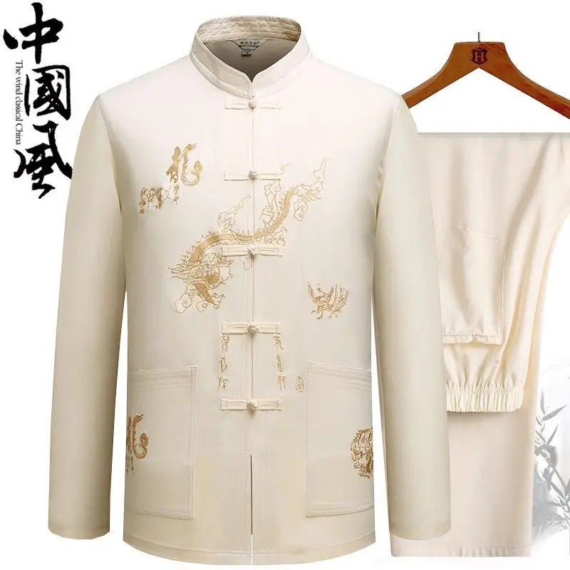 Summer Embroidered Dragon Pattern Top Tang Dress Chinese Traditional Hanfu T-shirt Kung Fu Oriental Dad Morning Exercise Dress