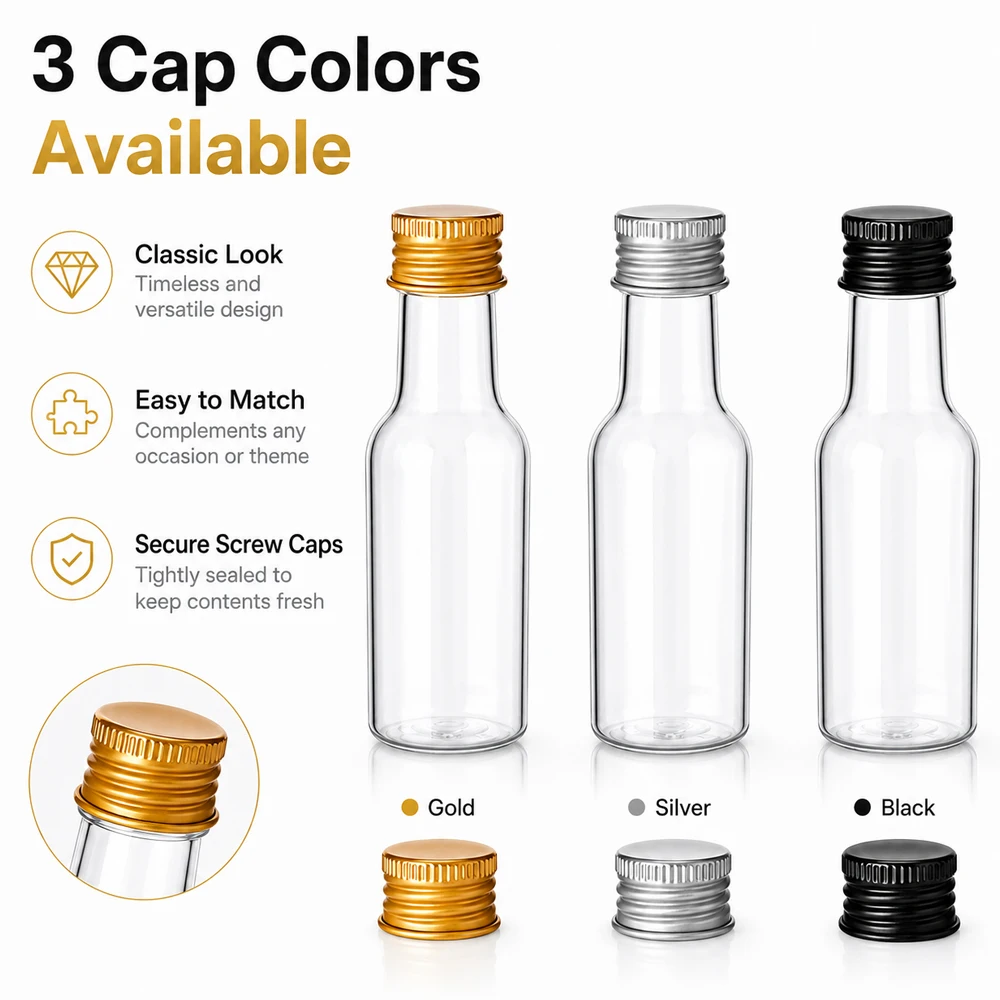 20 Mini Wine Bottles with Gold, Silver or Black Lid, 1.7 oz Plastic Small Cups with 2 Funnels - Reusable Party, Sample Spirit