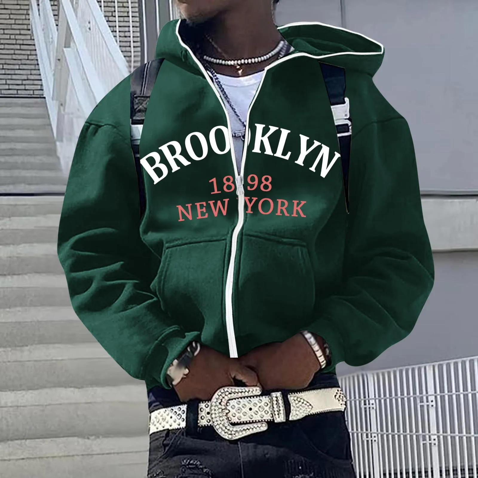 

Men Hip Hop Hoodie Autumn Winter New York Printed Zipper-Up Hooded Pocket Long Sleeve Tops Sweatshirts Loose Vintage Tracksuits