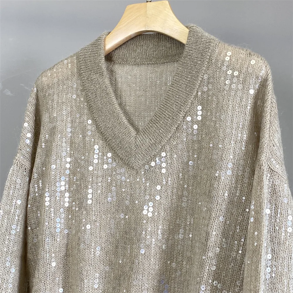 25 Early Autumn New Women's Sequines V-neck Wool Blend fluffy Soft Versatile Top