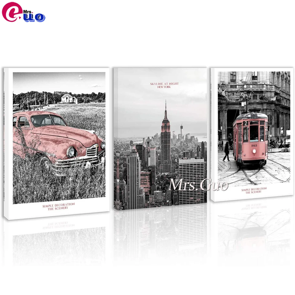 Black And White Pink Car Countryside New York City Skyline Architectural Diamond Painting Triptych Full Diamond Embroidery Kits