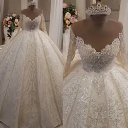 Luxury Ball Gown Wedding Dresses Beads Pearls Sequins Tulle Backless Sleeves Court Gown Pleat Bridal Customized Robe De Mariée