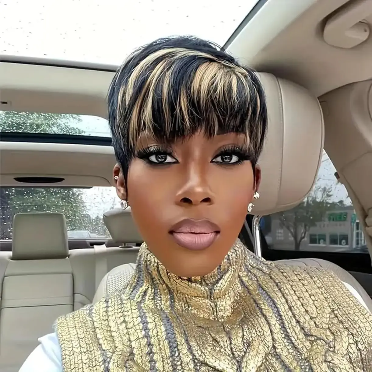 Pelucas de cabello humano Pixie para mujeres negras, reflejos rubios, cabello humano Remy corto y recto, peluca hecha a máquina con flequillo