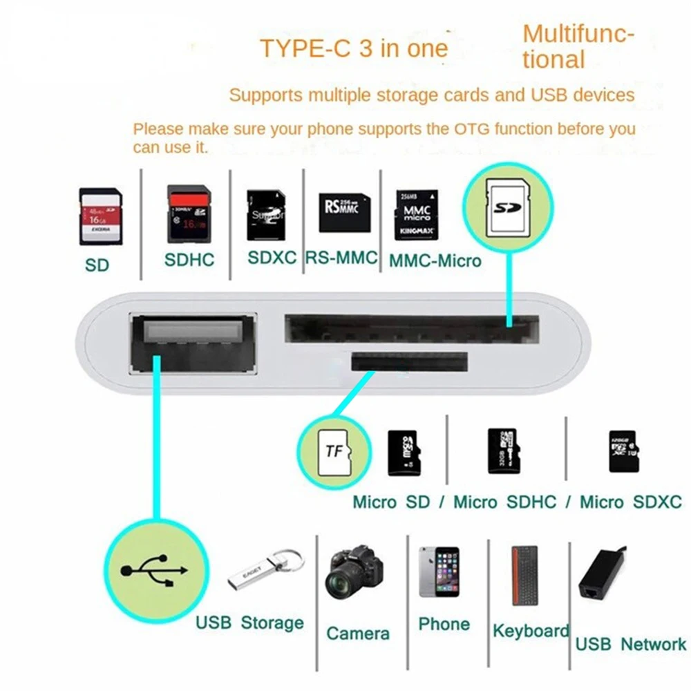 3 in 1 Type C Adapter Multi Port TF CF SD Memory Card Reader USB Hub Converter For Phone Samsung Xiaomi Macbook USB C Adapter