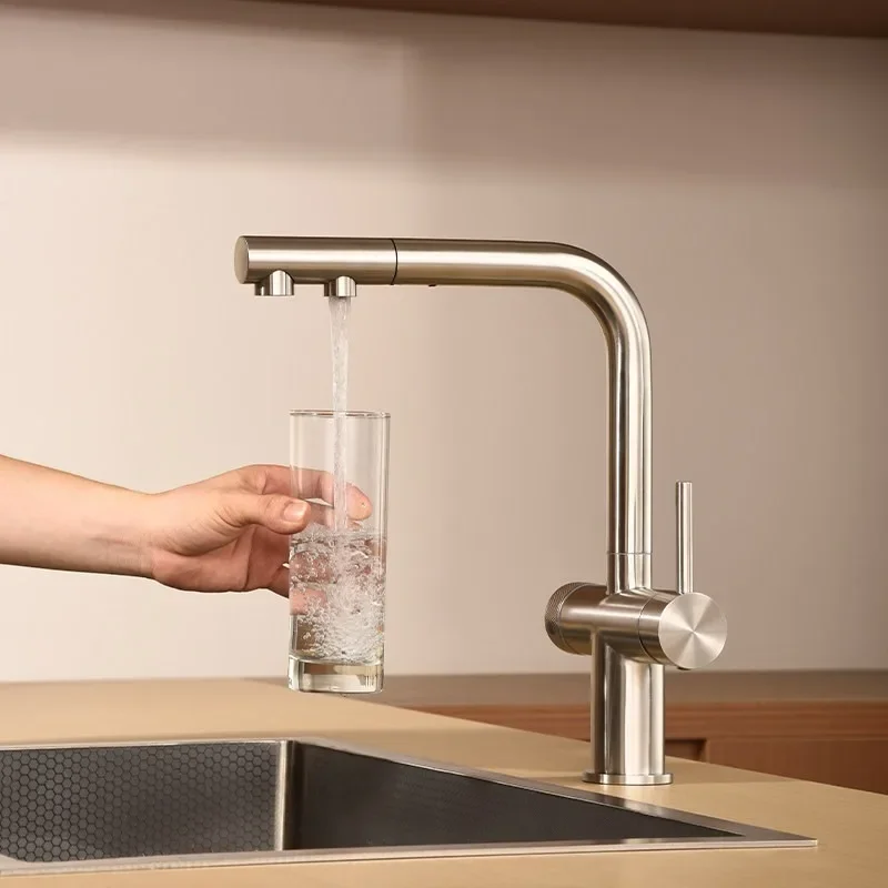 304 Stainless Steel 3-in-1 Pull Out Kitchen Faucet with Filter, Cold Hot Water & Pure Water Dispenser, Anti-Splash Rotating