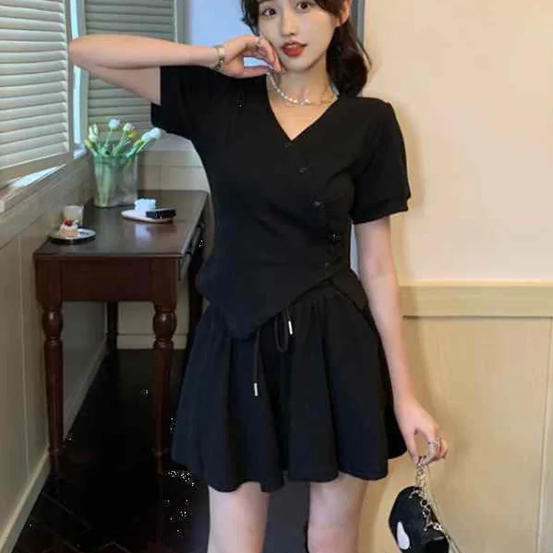 Irregular Short Sets Women V-neck Short-sleeved Solid Color T-shirts + High Waist Drawstring Shorts Summer Two-piece Set Female