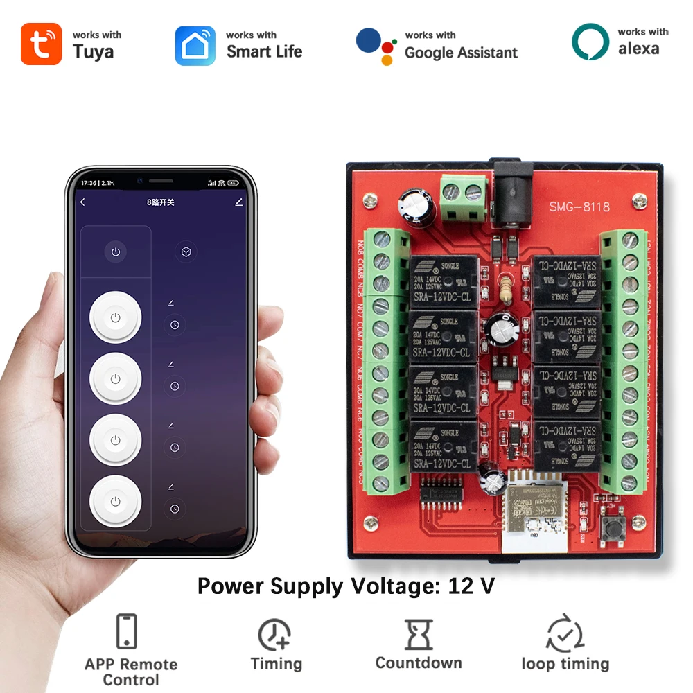 

8CH Tuya WIFI App Smart Remote Control Switch DC 12V 24V Relay Module,Door Light Motor Controller Receiver Work for Alexa
